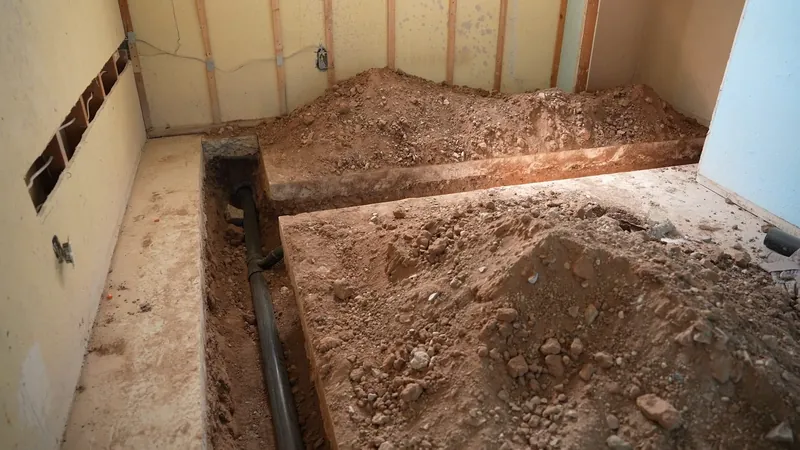 A trench dug across a room floor with a dark drain pipe exposed at the bottom