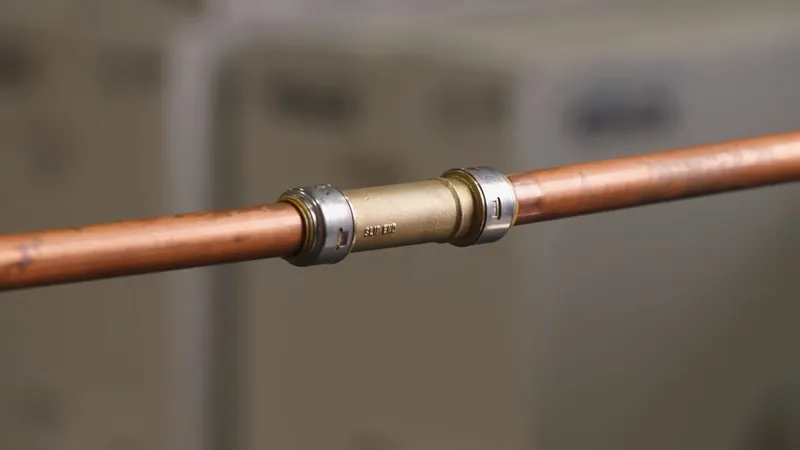 A copper pipe joined with a brass coupling against a blurred background