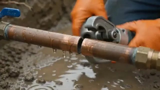 Orange-gloved hands cutting a copper pipe with a tube cutter in a muddy trench