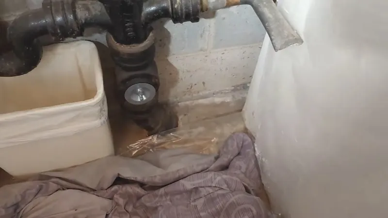 A white bucket and a cloth on the floor beside a damaged cast iron drain