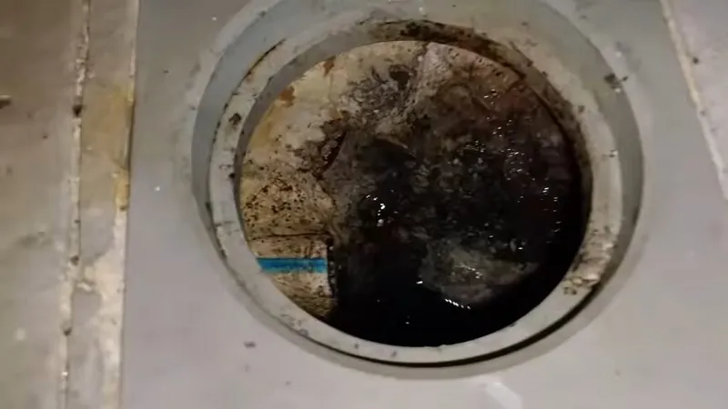 A round floor drain opening packed with dark debris, seen from directly above