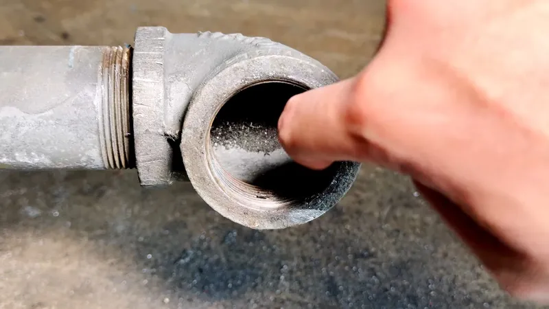 A finger inside an open gray iron pipe fitting