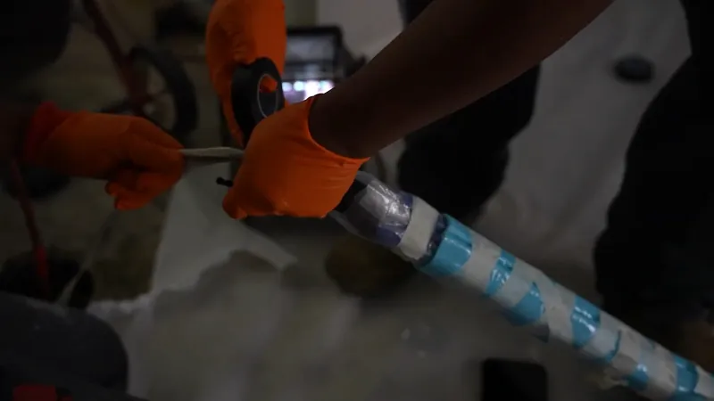Gloved hands feeding a blue-striped liner tube
