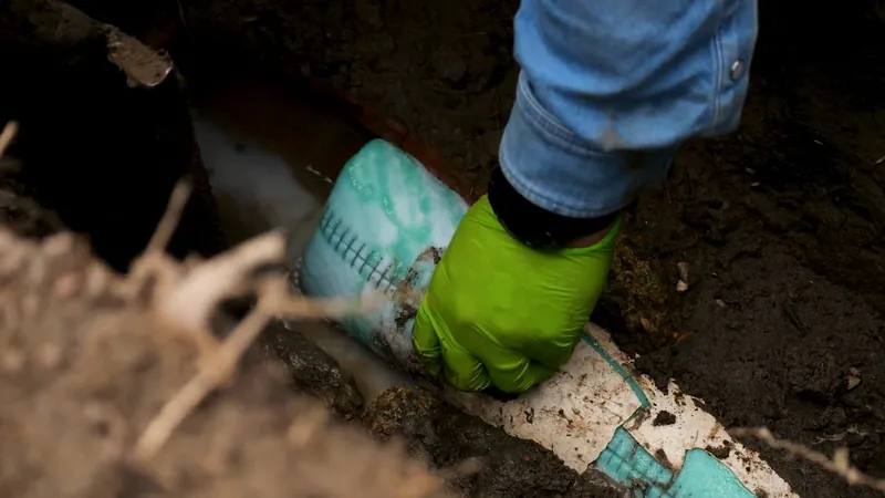 A gloved hand holding a lined sewer pipe section in a dirt trench