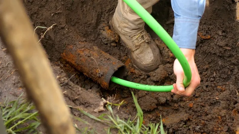 A hand feeding a green line into a rusted pipe end in a dug-out trench