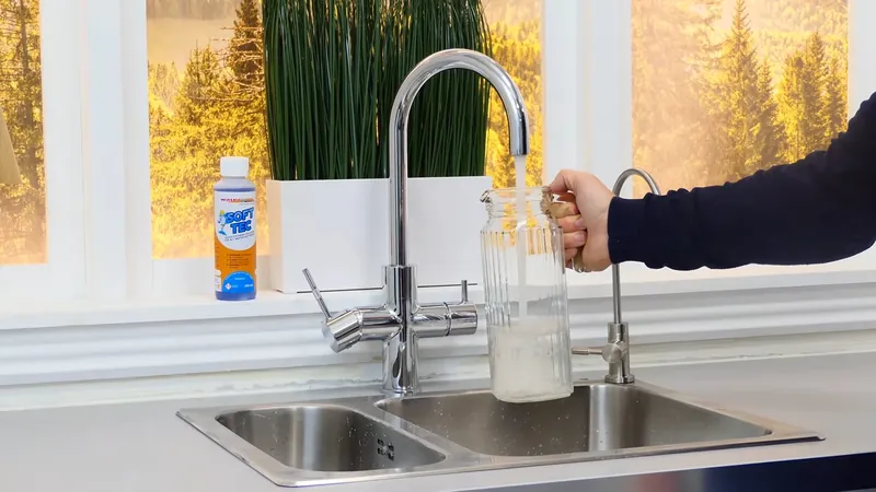 A hand filling a glass from a kitchen tap beside a bright window