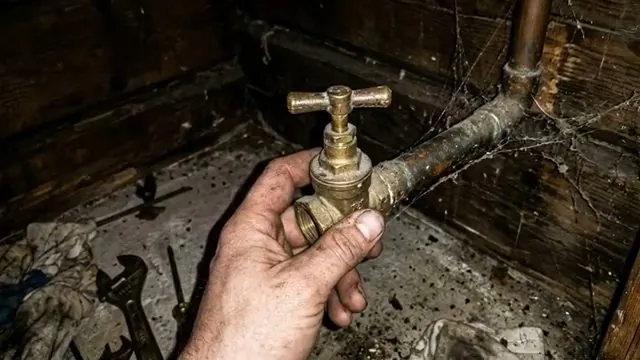 A hand holding a brass cross-handle valve on a pipe in a dark, cobwebbed space