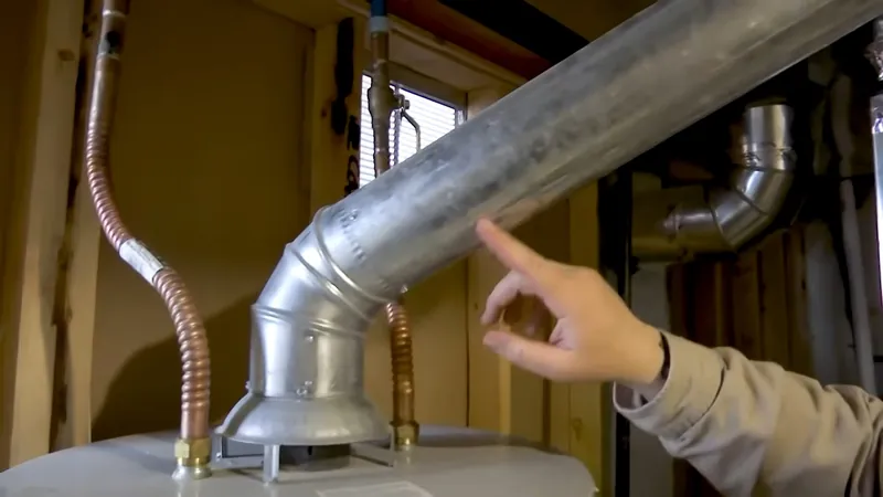 A hand pointing at a metal vent pipe above a water heater