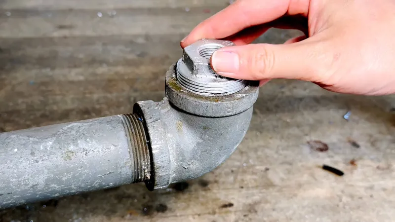 A hand unscrewing a galvanized cleanout cap from a cast iron elbow