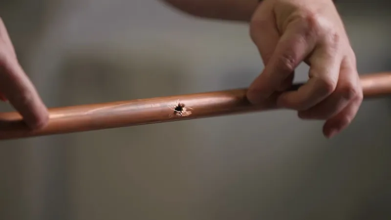 Hands holding a length of copper pipe with a small hole worn through the wall