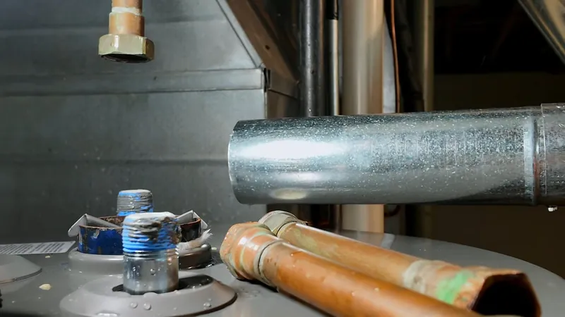 Copper supply pipes and a galvanized vent duct above a water heater tank