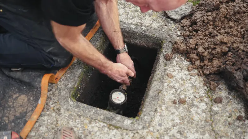 A man leaning into a concrete in-ground box to read a water meter