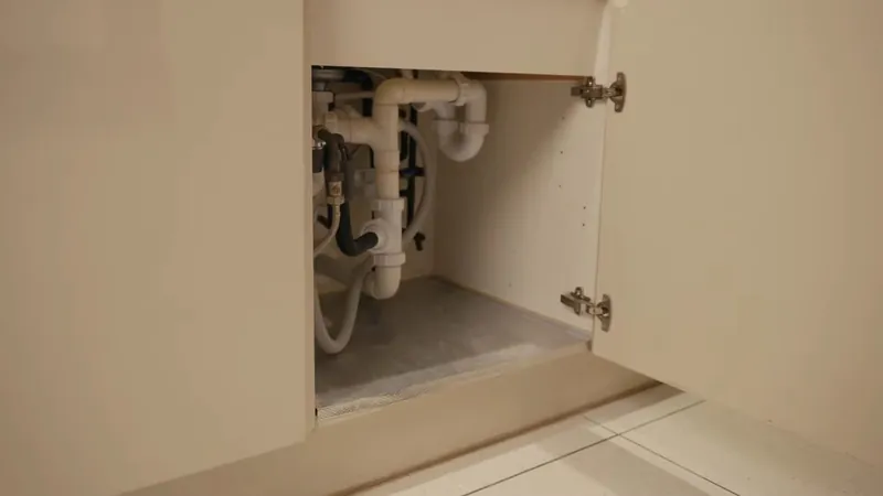 An open cabinet under a sink showing white drain pipes and valves
