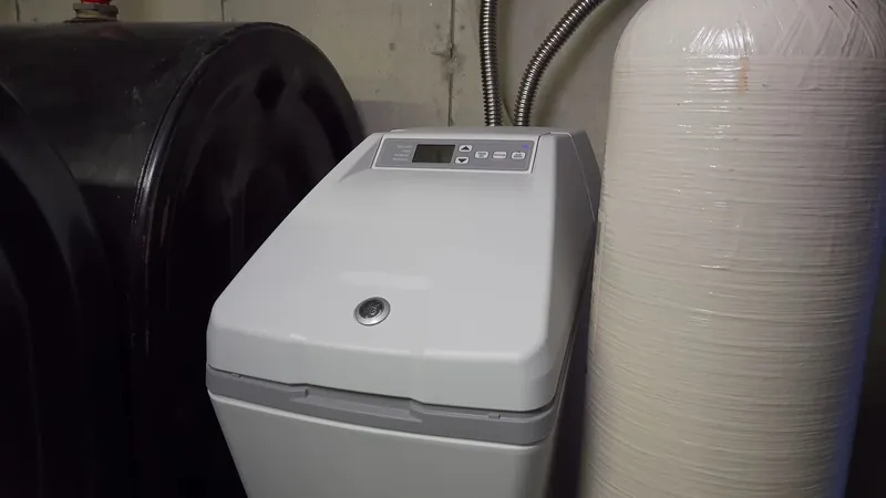 A gray water softener with a control panel beside a tall white tank and a black tank