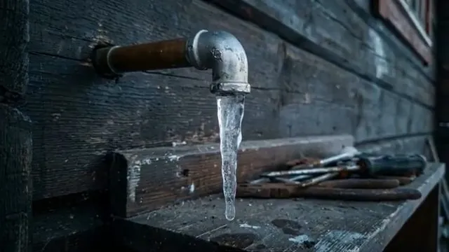 An outdoor faucet on a dark wall with a long icicle hanging from the spout