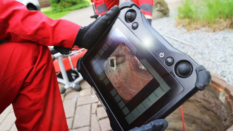 A person in a red jacket holding a handheld camera monitor outdoors beside a pipe opening
