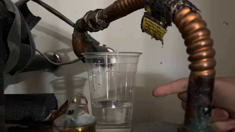 A corroded copper flexible connector above a water heater with a clear cup beneath it
