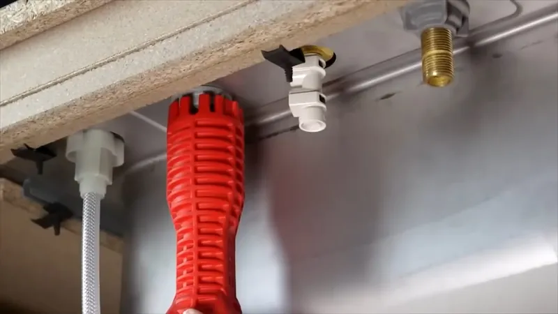 A red basin wrench reaching up under a sink toward the supply lines and faucet shanks