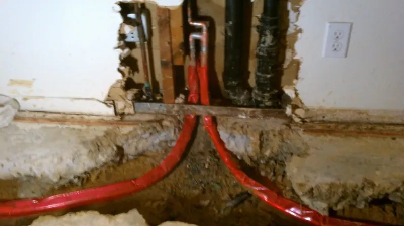 Red PEX lines running through an opened wall and a cut-out in the floor