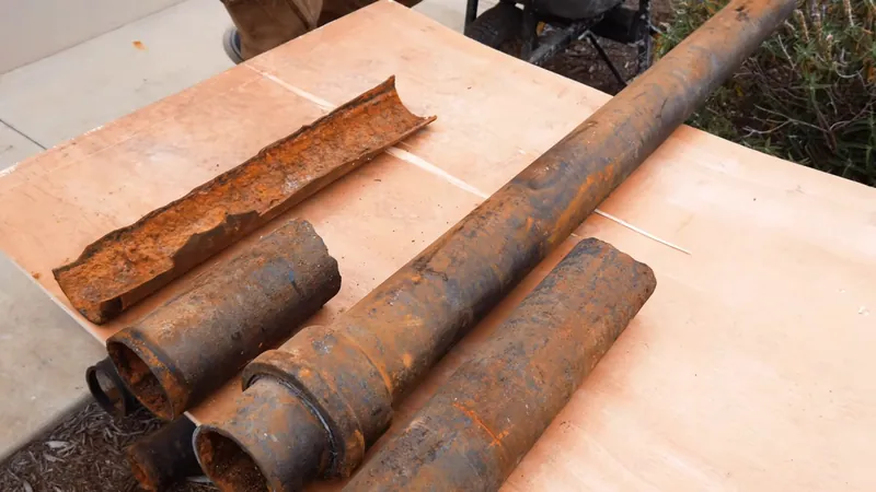 Rusted cast iron pipe sections laid on a wooden board