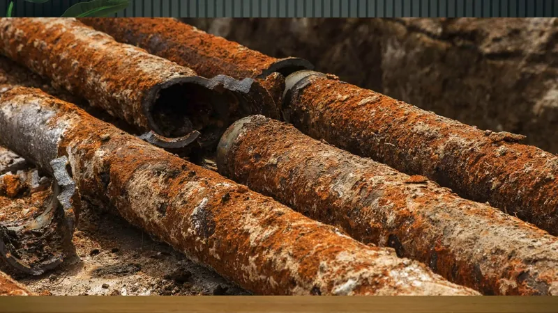 Rusted cast iron pipe sections lying in dirt