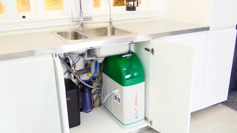 An open under-sink cabinet with a compact green softener and filter unit beside the drain pipes
