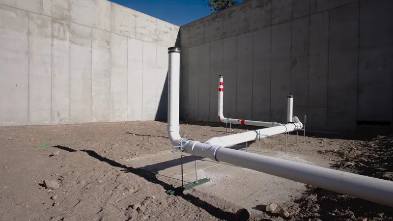 White PVC drain pipes standing on gravel beside concrete walls